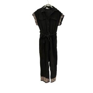 Savanna Jane Black Embroidered Jumpsuit Belted Button Southwestern Boho Cotton S